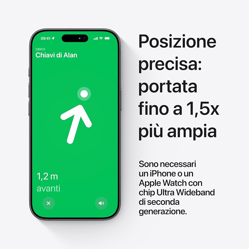 AirTag (seconda generazione): utile per localizzare portachiavi, portafogli e molto altro; funziona emettendo un suono; si configura con un semplice tap da iPhone o iPad