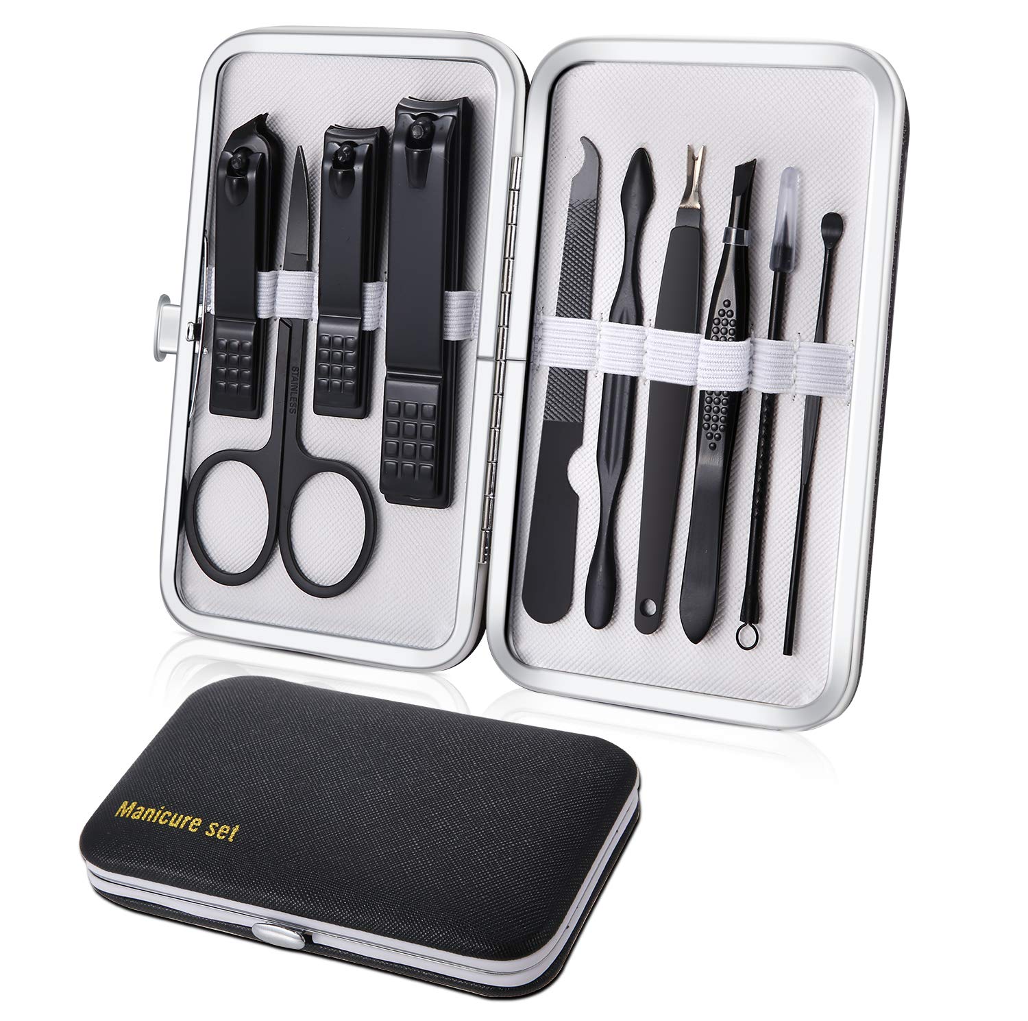 Manicure Set 10pcs Professional Nail Clippers Kit Pedicure Care Tools-Stainless Steel Grooming Tools for Travel (Black White)