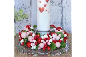 Daifunli 2 Pcs Valentine's Day Candle Rings Red White Pink Berry Floral Wreath for Pillar 3.9 Inch Candles Holder for Valentines Day Table Centerpiece Wedding Kitchen Cabinets Rustic Table Decor