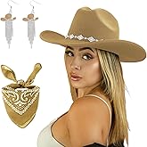 JIANGLAI Western Cowgirl Hat for Women Men, Fedora Wide Brim Rhinestone Cowboy Hat with Bandana and Cowgirl Tassels Earrings