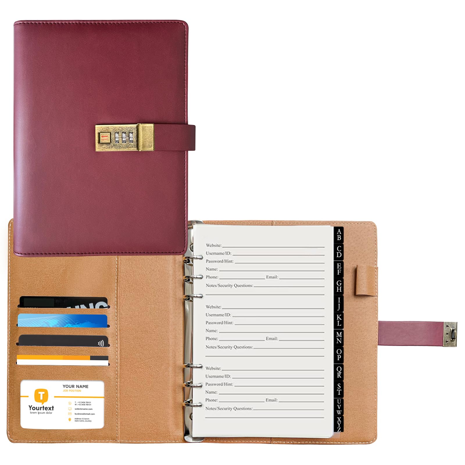 Photo 1 of A5 Password Book with Combination Lock & Alphabetical Tabs, 302 Pages Leatherette Hardcover Internet Address & Password Organizer Logbook, Large Print, Refillable, 576 Entries, for Seniors
