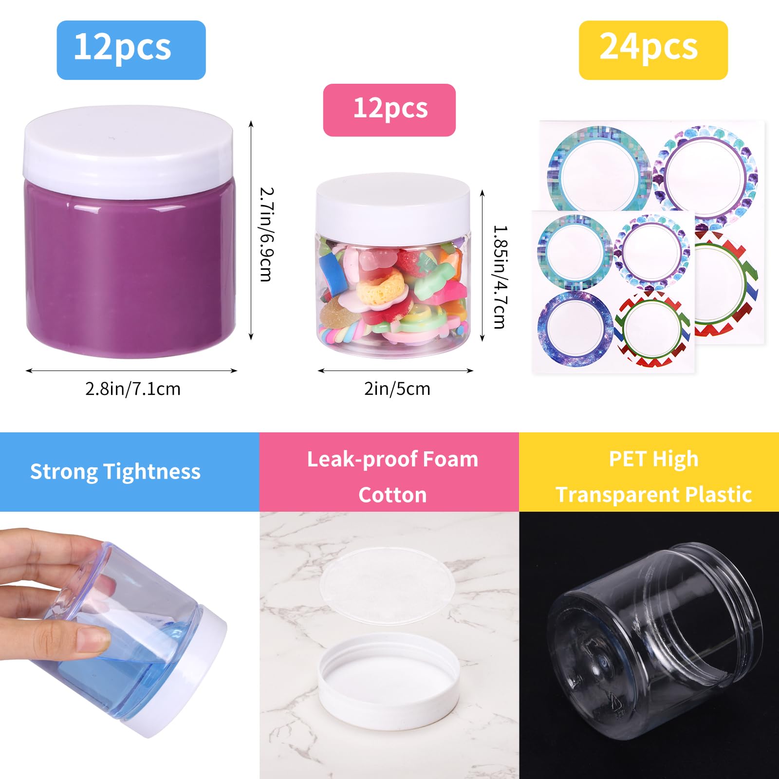 SGHUO Empty 24 Pack Slime Containers, 12 6oz and 12 2oz Plastic Storage Jars with Lids and Labels for DIY Slime, Glitter, Jewelry Making Supplies, Foam Beads