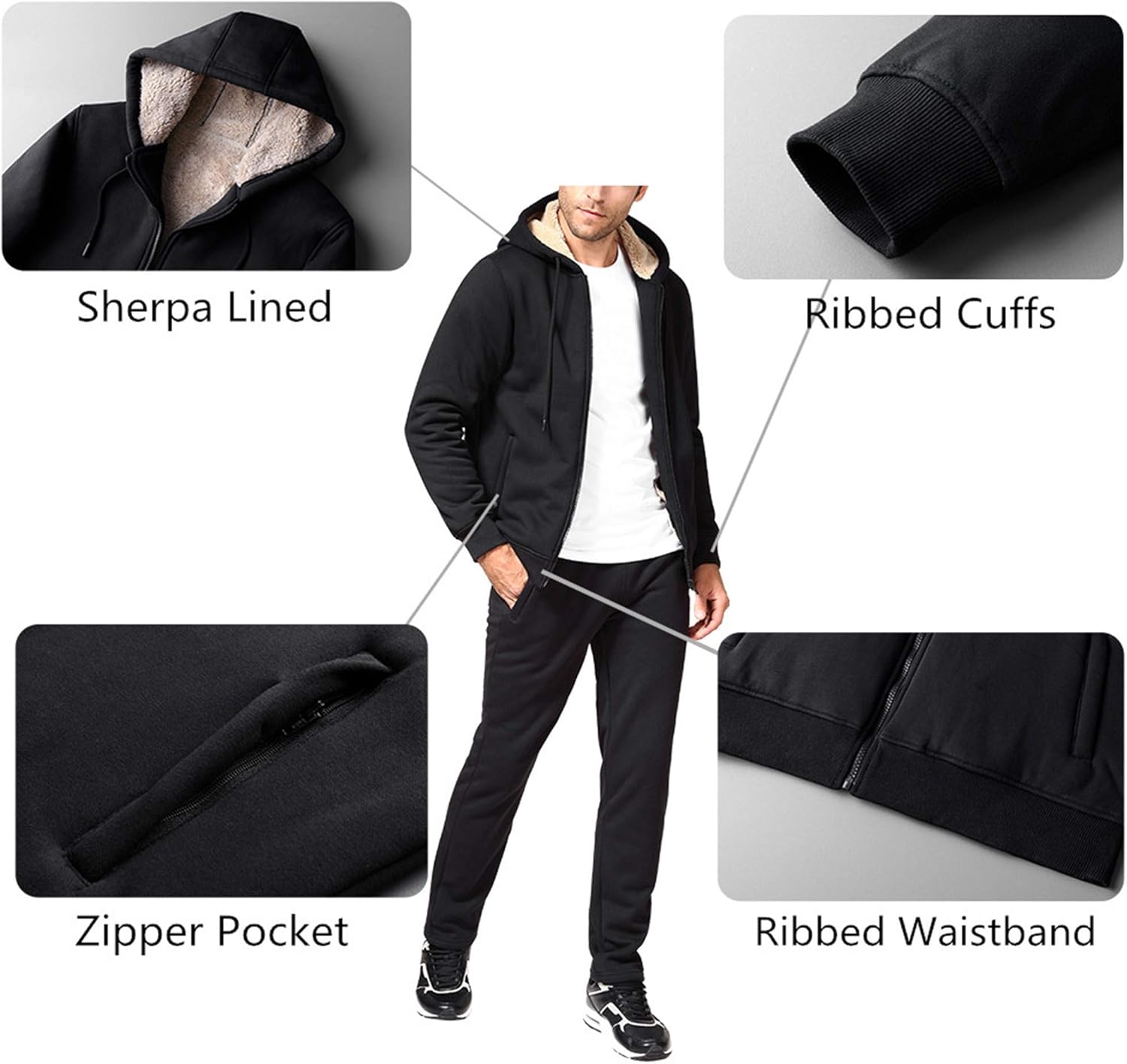 Men's Fleece Jackets Hoodies Casual Sherpa Lined Sweatshirts with Zipper Pockets Sweater: Clothing