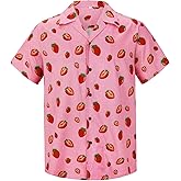 Pink Hawaiian Shirt for Men Funny Strawberry Short Sleeve Shirt Beach Tropical Vacation Shirt Button Up Aloha Shirt 3XL