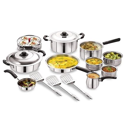 BMS Lifestyle 15-Piece Induction Friendly Stainless Steel Cookware Set, Silver