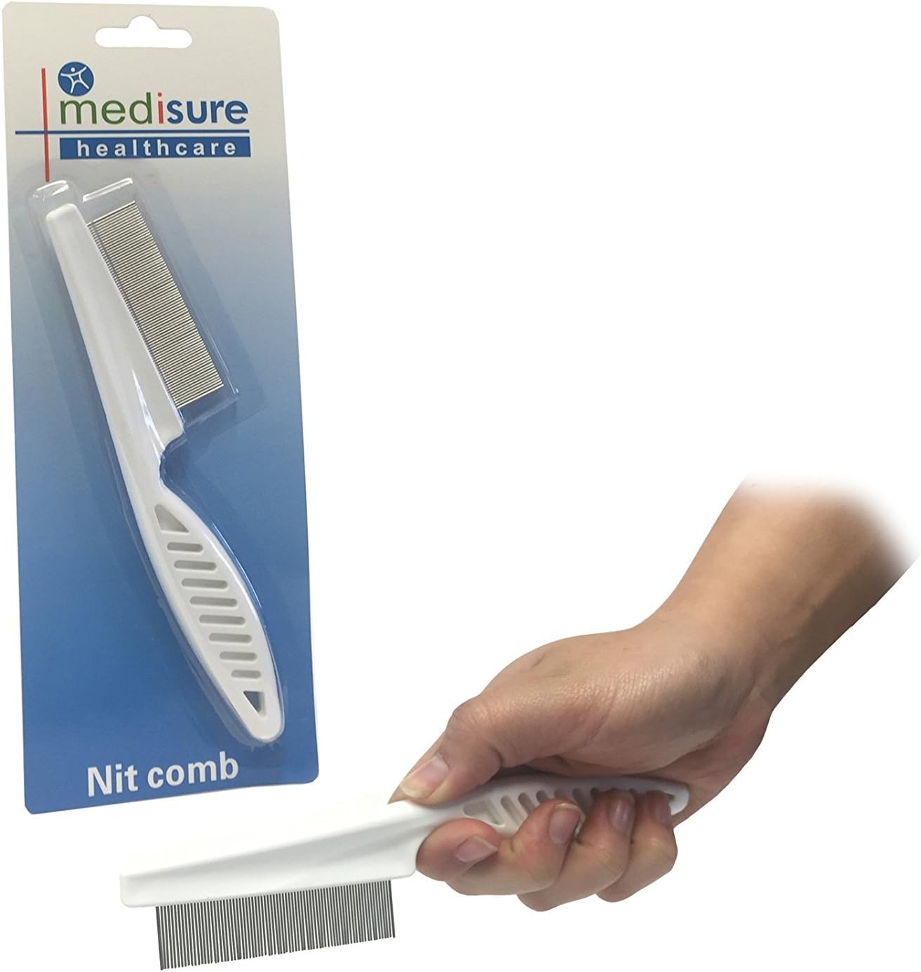 MEDISURE DURABLE EFFECTIVE LARGE HANDLE FLEA LICE FINE METAL TOOTH KIDS HAIR NIT COMB, White, 18.2 x 4.3 centimeters