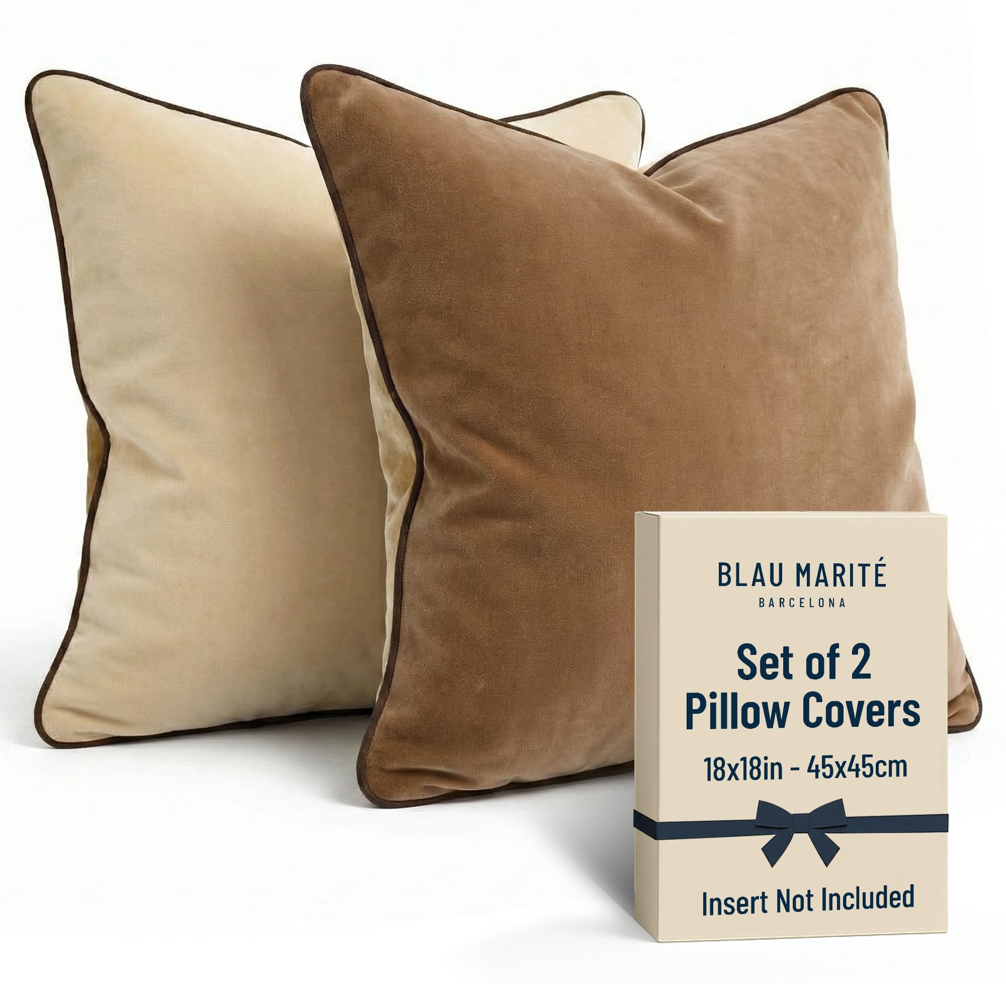 Blau Marité Decorative Velvet Throw Pillow Covers with Trim. Soft Velvet Decorative Pillow Cases. Velvet Cushion Covers. Contrast Pipping.(Brown and Beige, 18"x18")