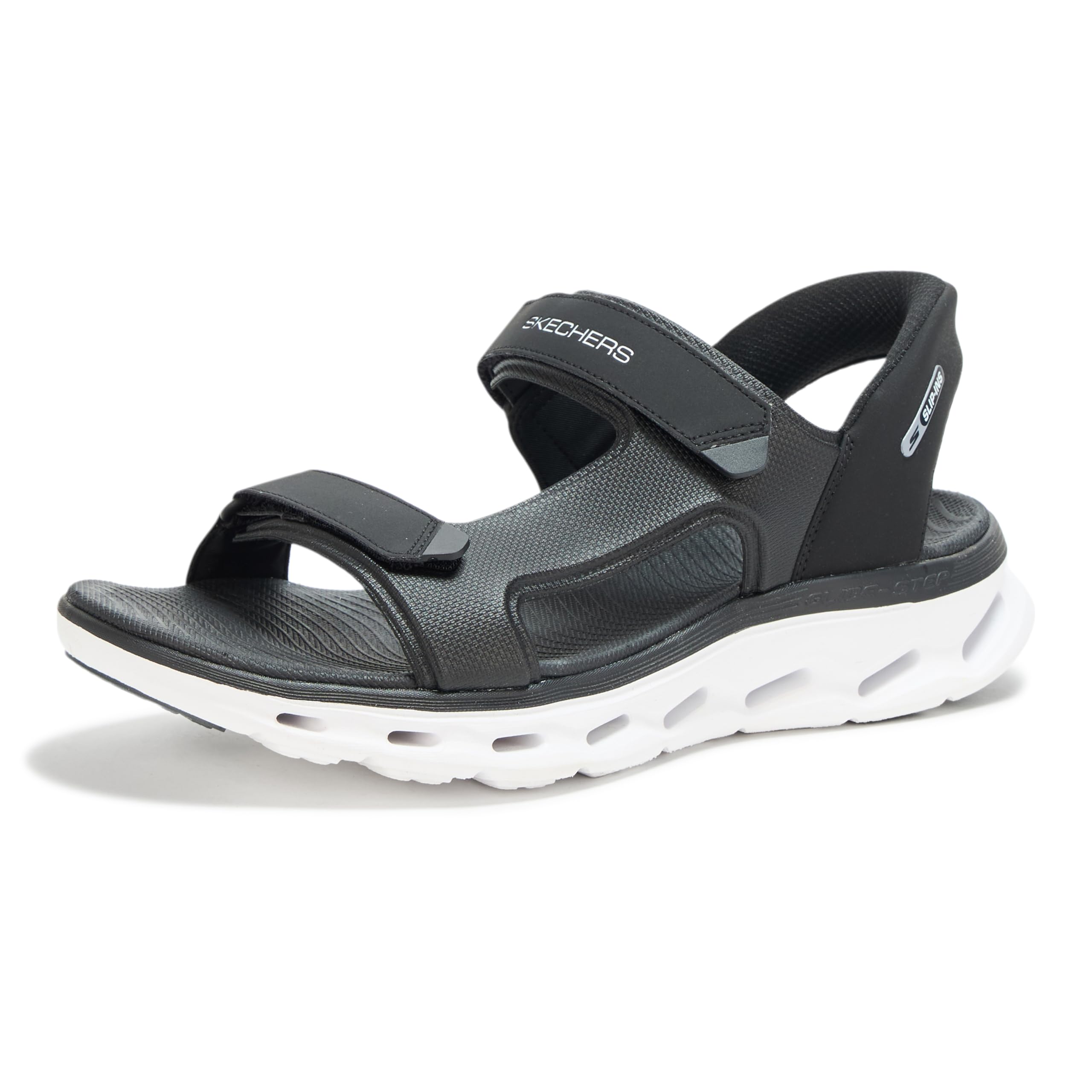 Skechers Men’s Hands Free Slip-Ins Go Walk Glide Step 2.0 Quarter Strap Sandal, Black/White, 7