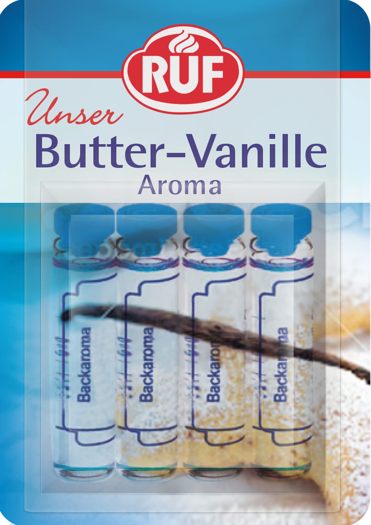 RUF Backaroma Butter-Vanille, 4 Fläschchen Vanille-Aroma für Plätzchen, Torten, Waffeln, tröpfchenweise dosierbar, glutenfrei & vegan, 4 x 2 g