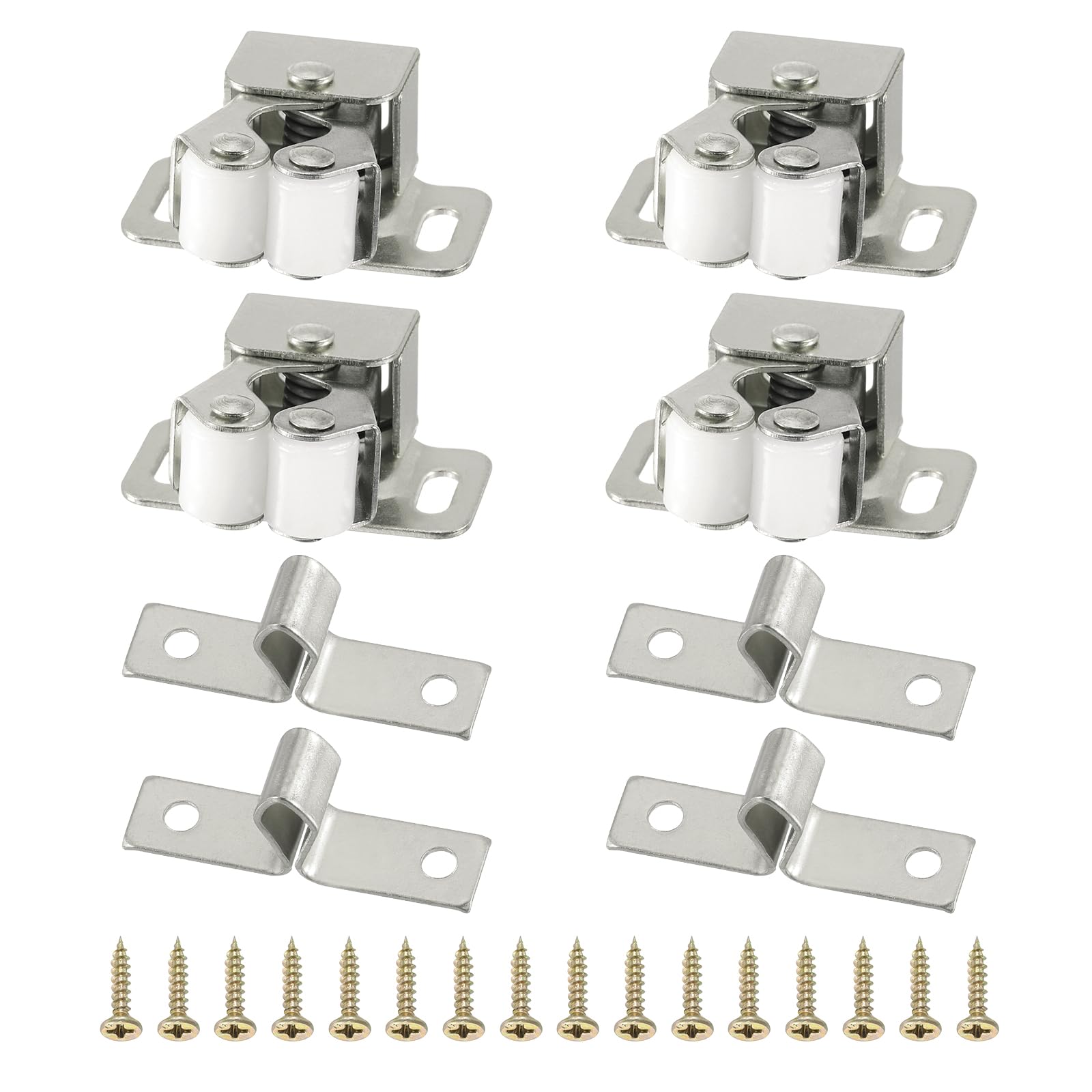 PATIKIL Cabinet Latch Double Roller Catches, 4 Pcs Stainless Steel Cabinet Door with Screws Spring Bead Hardware Latches with Spear Strike for Cupboard Wardrobe Pcs, Silver