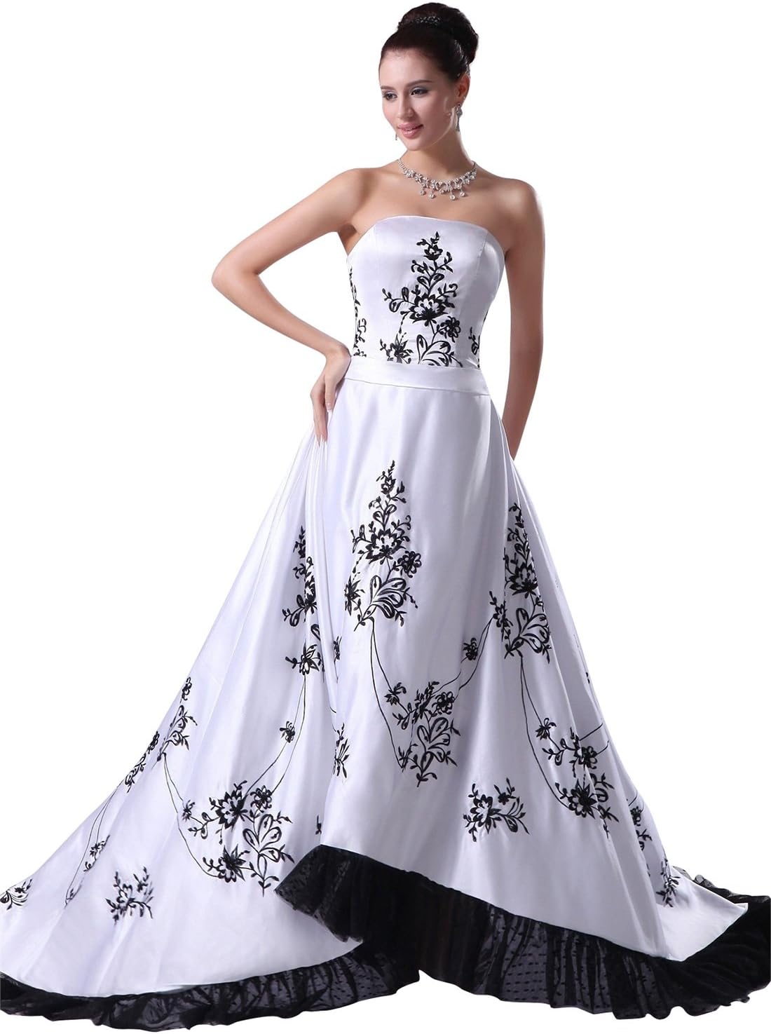 AMBRIDAL Women's A-Line Embroidery Strapless Puddle Train Satin Wedding Dress