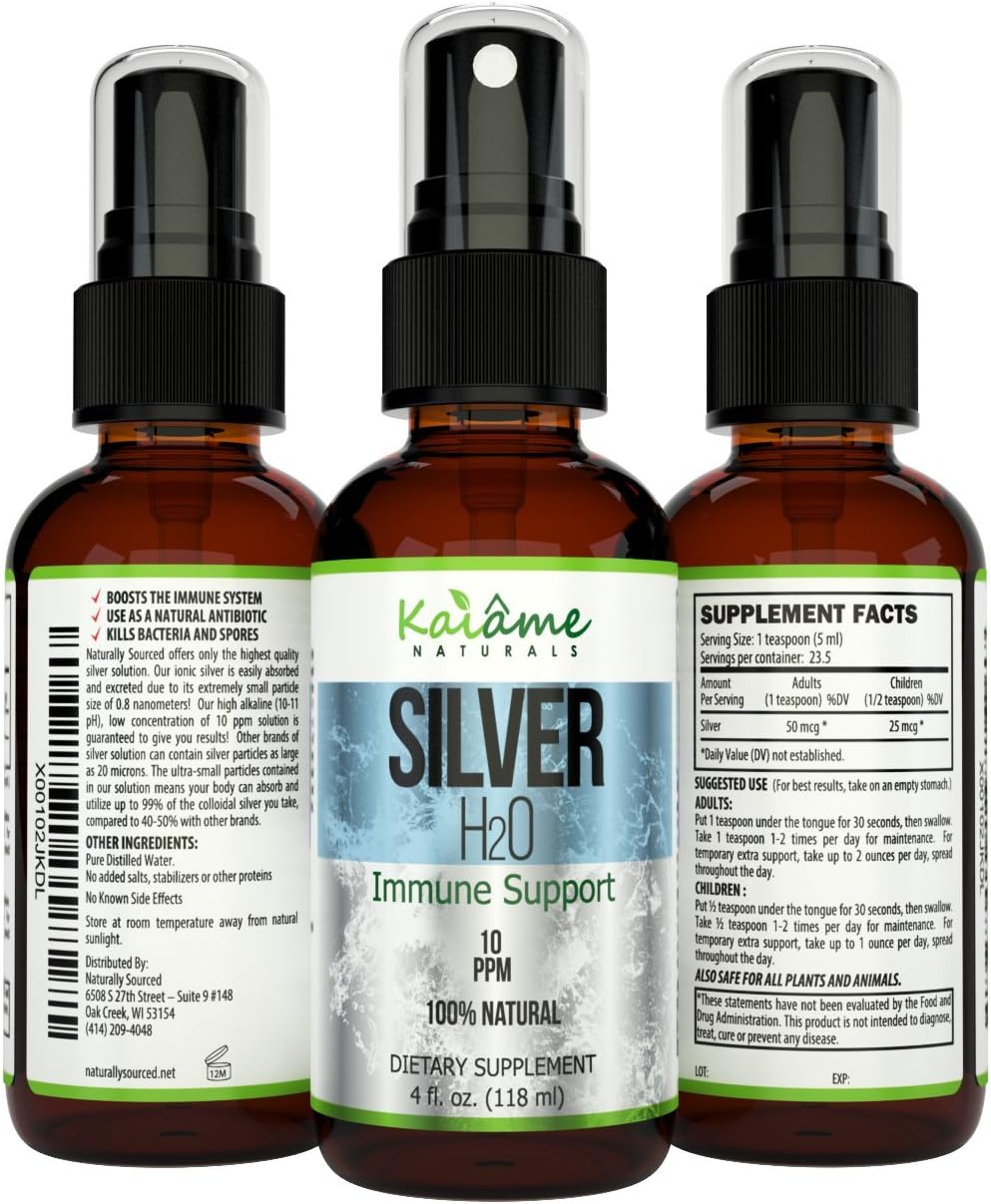 Naturally Sourced Best Colloidal Silver Natural Immune Support Supplement, Ionic Silver 10 PPM, 4 fl.oz. in GLASS Spray Bottle. Safe for Adults, Children, all Pets and Plants!