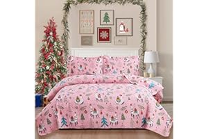 Kebury Christmas Bedspread Coverlets Twin Size Girls Quilt Set Xmas Pink Alpaca Bedding Kids Lightweight Bedspread Reversible Quilts Christmas Holiday Bed Cover Set，1 Quilt and 2 Pillow Shams