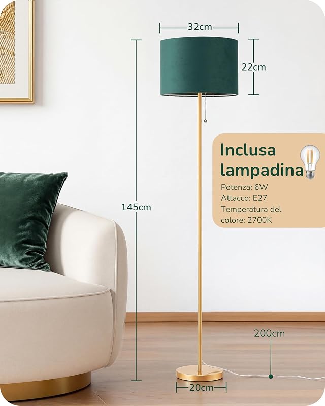 Lampada da Terra Soggiorno, Paralume in Velluto, Verde & Oro