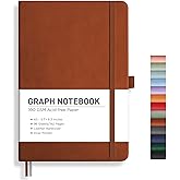 RETTACY Graph Grid Paper Notebook, 192 Pages, A5 Size (5.7'' x 8.3'') | 5 Squares per Inch, Leather Hardcover, 100 GSM Thick Paper, for School, Students, Math, Engineering (Brown)