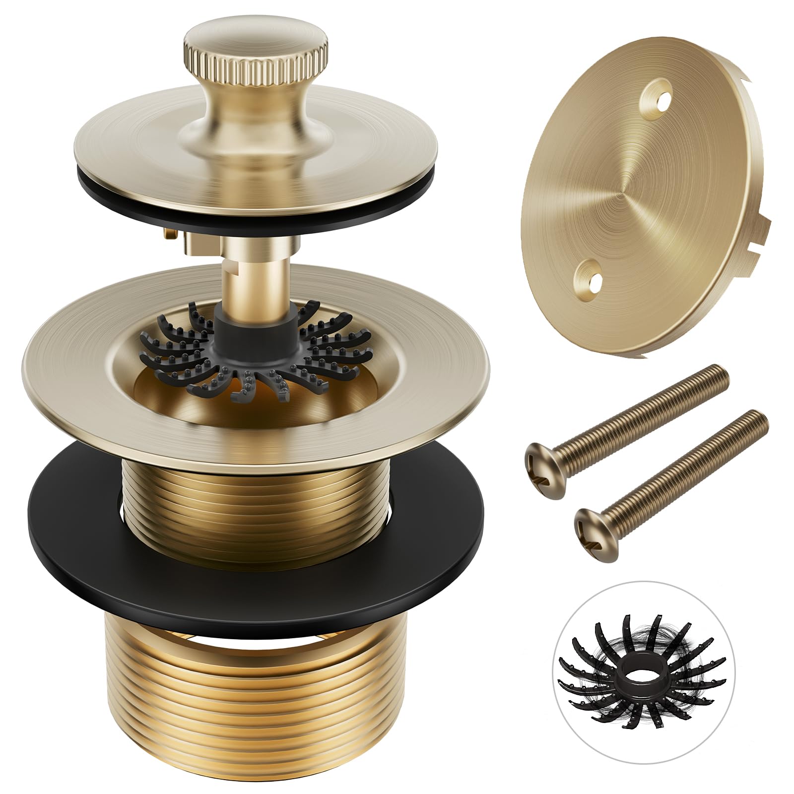 Photo 1 of Champagne Brushed Gold Bronze Tub Drain Stopper Bathtub Drain, Hair Catcher and Two-Hole Overflow Faceplate, Premium Brass Lift and Turn Twist Tub Drains Replacement Trim Kit, 11.5/16 UNC Tub Stopper