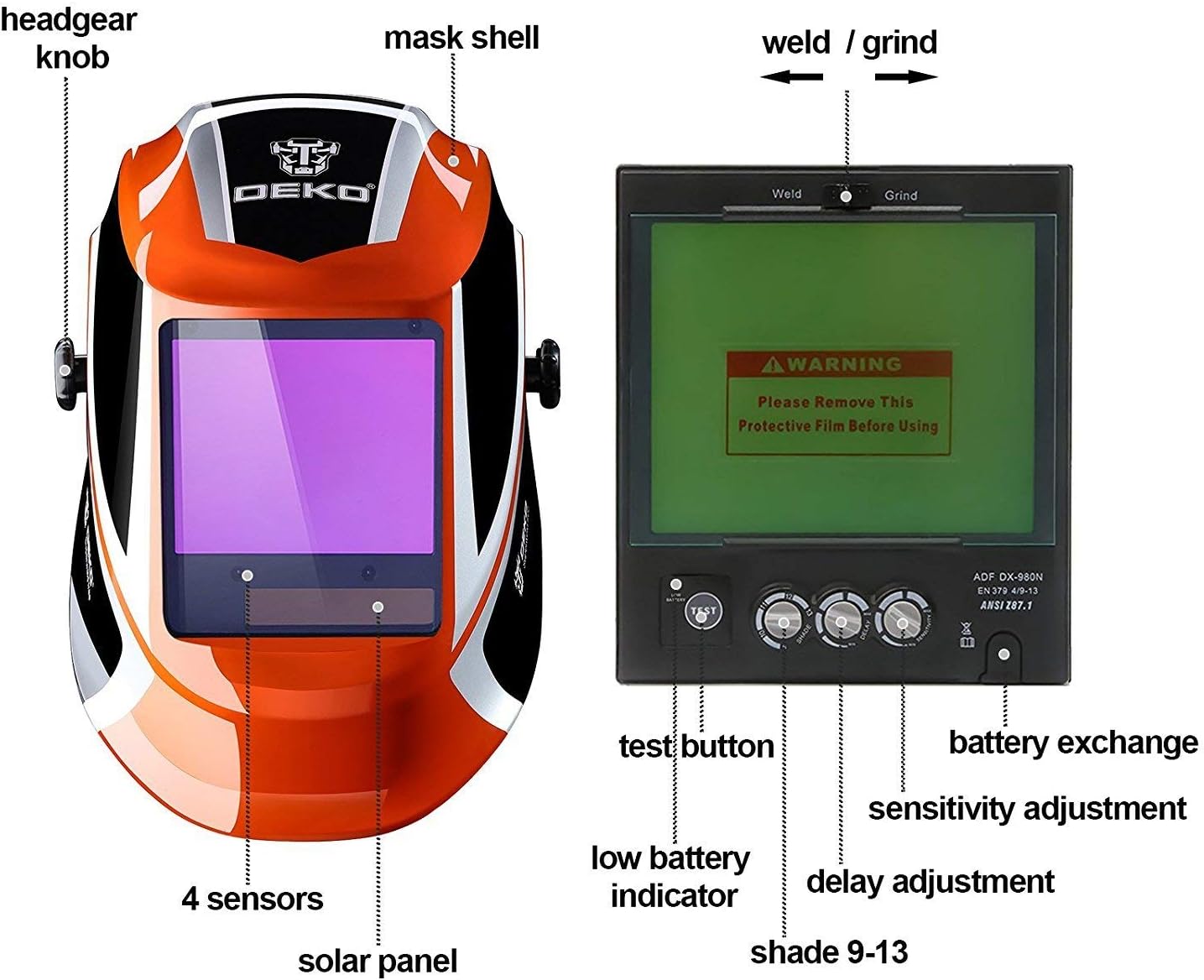 DEKOPRO Welding Helmet Auto Darkening Solar Powered wide viewing field Professional Hood with Wide Lens Adjustable Shade Range 4/9-13 for Mig Tig Arc Weld Grinding Welder Mask - - 