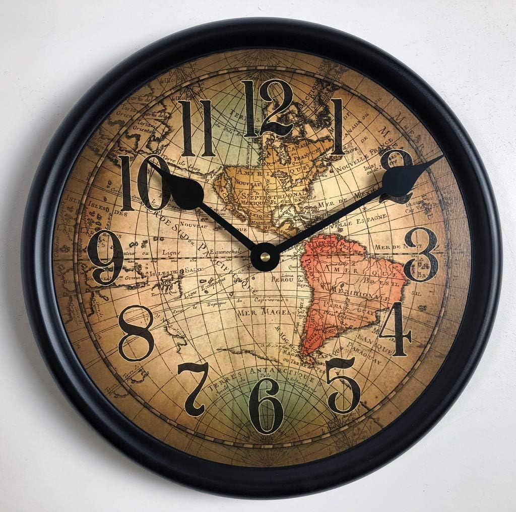 Vincenzo World Map Wall Clock | Ultra Quiet Quartz Mechanism | Hand Made in USA Beautiful Crisp Lasting Color | Comes in 8 Sizes | 15-inch Framed