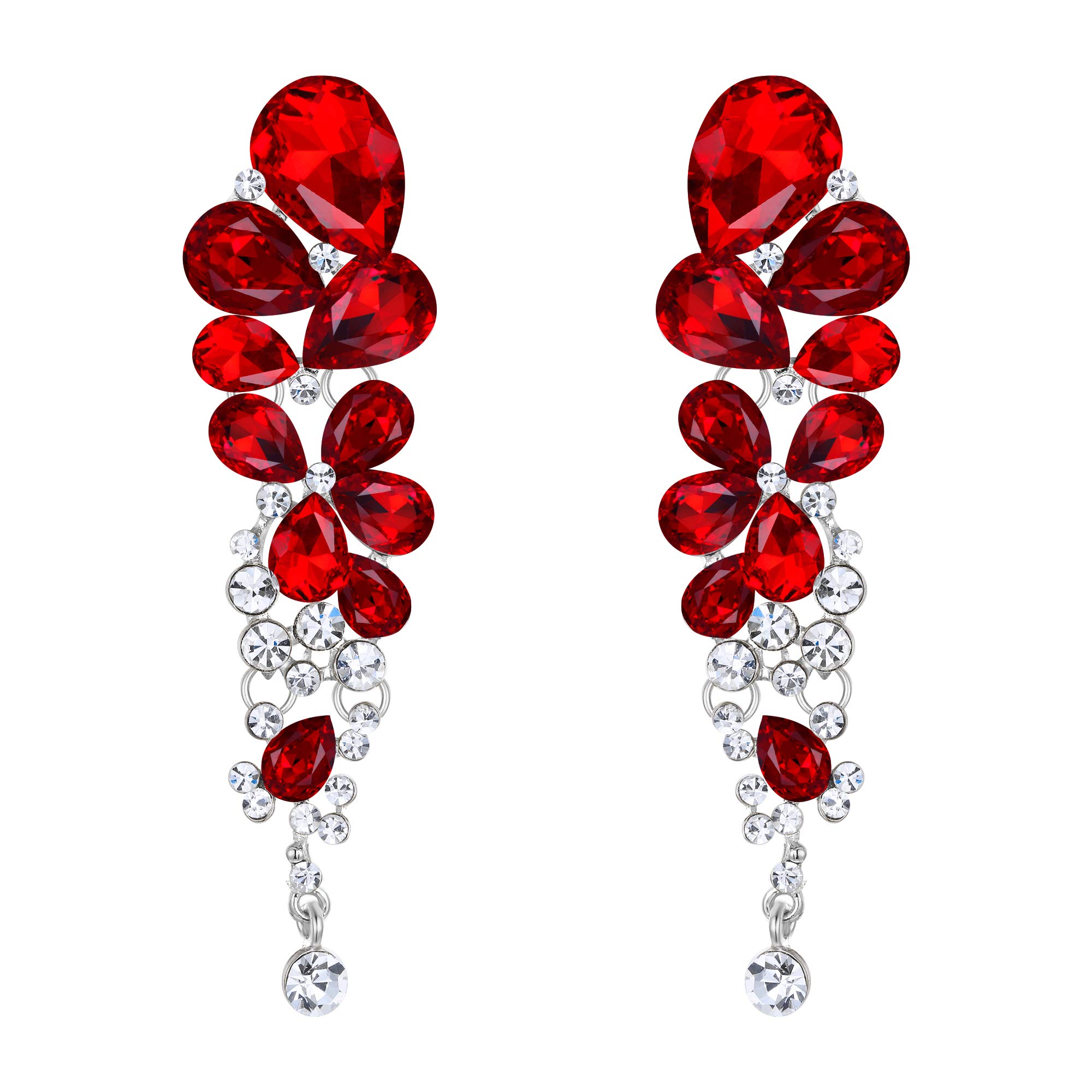 EVER FAITH Women's Crystal Wedding Elegant Cluster Teardrop Dangle Pierced Earrings Red Silver-Tone — image 1