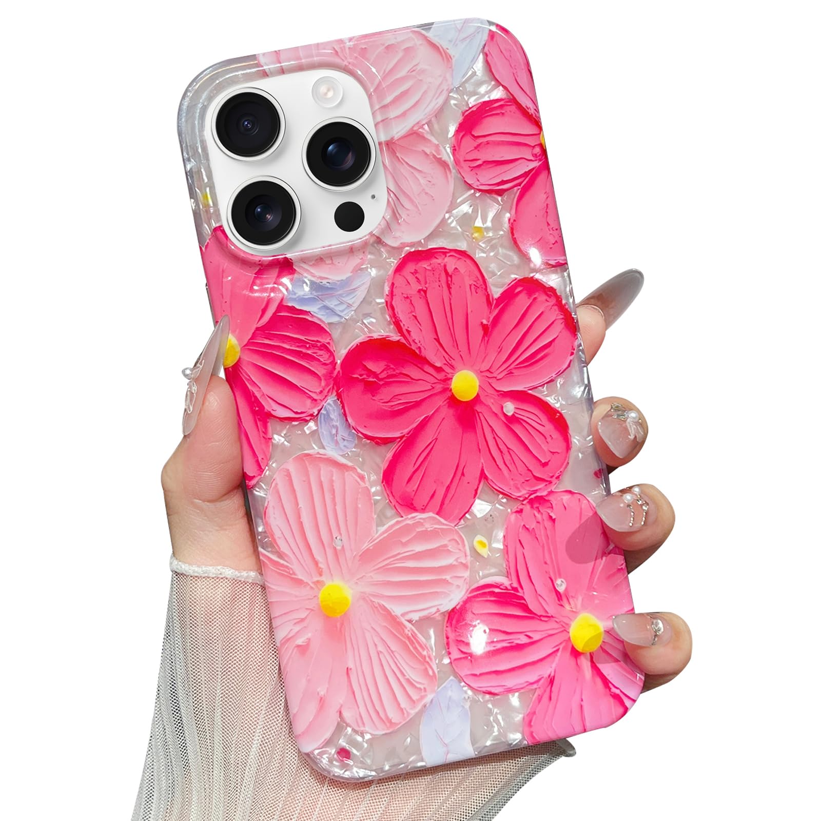 Jmltech for iPhone 16 Pro Case Girly Aesthetic Women Trendy Luxury Floral Shockproof Flowers Oil Painting Flexible Silicone Phone Cases for iPhone 16 Pro Hot Pink Glitter