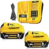 2 Pack 8000mAh Replacement for Dewalt 20V MAX Battery 8.0Ah and DCB107 Charger Combo Compatible with Dewalt 20V Battery Lithium DCB207 DCB206 DCB204 DCB200 DCB201 DCB203 Series Power Tool(Yellow)