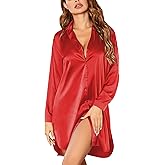 Ekouaer Satin Nightgown for Women Button Down Silk Sleepshirts Sexy V Neck Night Gown Long Sleeve Night Shirts S-3XL