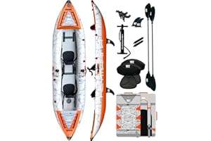 HEYBOARD 2 Person Inflatable Kayak Tandem Fishing Kayak for Adults, Portable Touring Kayak Canoe with Dual Floats, Drop-Stitch Floor, Fishing Rod Holder and Fish Measuring Ruler, 12.5 FT