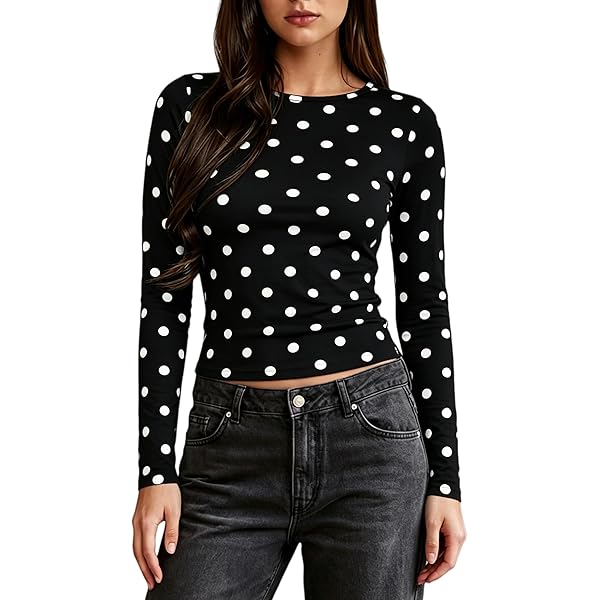Polka Dot Tops for Women Long Sleeve Crew Neck Slim Fit Shirt Tops