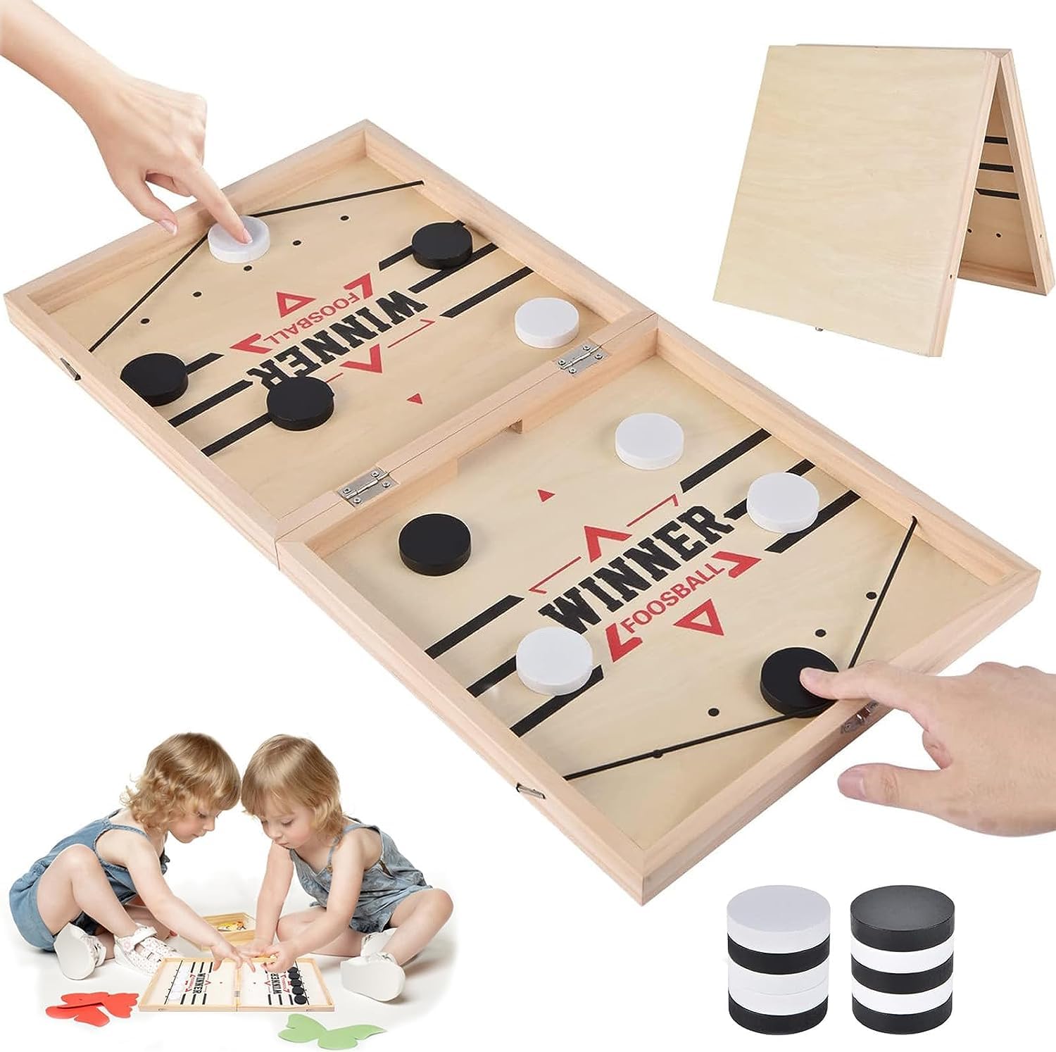 Foldable Fast Sling Puck Game, 60x30cm Large Wooden Slingshot Hockey Game for Table Desktop Battle, Funny Winner Board Party Game, Parent-child Interactive Family Game for Adults and Kids