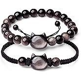 Ecation Black Obsidian Cat Bracelets Wealth & Good Luck Beaded Stretch Bracelets for Men Women, Feng Shui Rope Jewelry Gift
