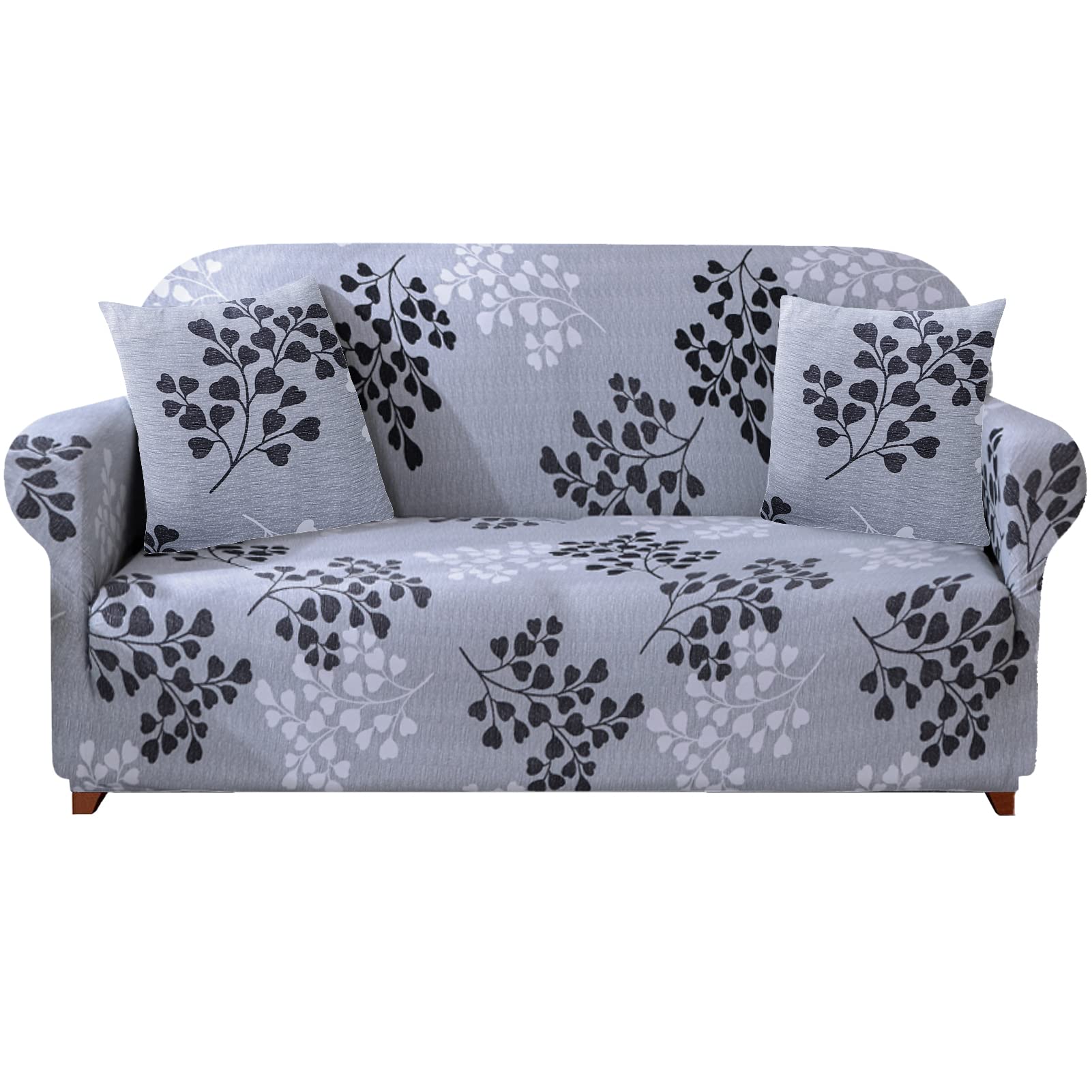 HEYOMART Sofa Cover High Stretch Elastic Fabric 1 2 3 Seater Sofa Slipcover Chair Loveseat Couch Cover Polyester Spandex Furniture Protector Cover with 1 Pillowcase (2 Seater, Grey Leaves)
