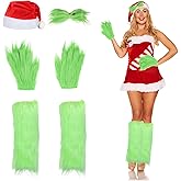 HSSZXFR 6pcs Christmas Big Monster Santa Costume for Women, Christmas Santa Hat with Leg Warmers, Green Fur Hair Card, Gloves, for Party Cosplay Photo