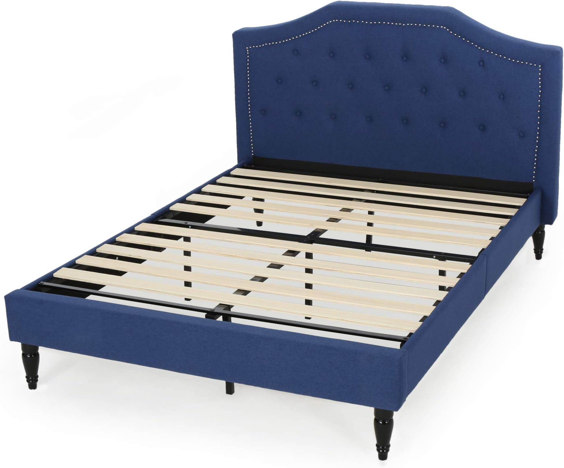 Renee Contemporary Low Profile Fully Upholstered Fabric Platform Bed Frame, Queen, Navy Blue