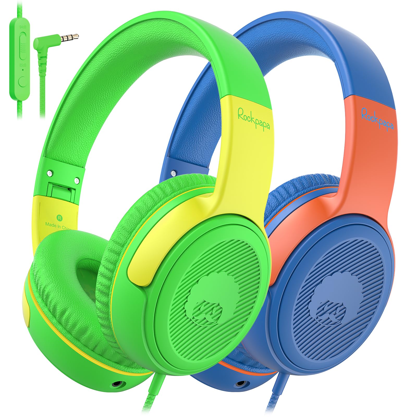 Photo 1 of rockpapa Share 1 Kids Headphones Wired with Microphone & Share Port, 85dB/94dB Volume Limited, Cute Foldable Student Child Boys Girls Headphones for School/Travel Green/Yellow+Blue/Orange