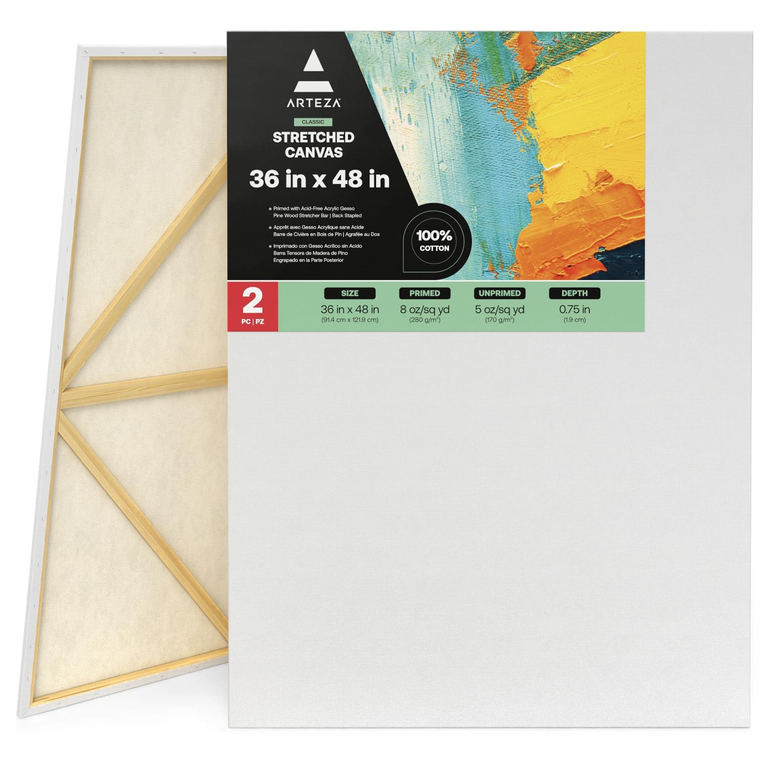 Photo 1 of ARTEZA Stretched Canvas, 36 x 48 Inches, Pack of 2, Blank White Large Canvas for Painting for Acrylic, Oil and Gouache Paints