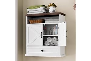 VIROFORMO Bathroom Wall Cabinet, Farmhouse Wall Mounted Medicine Cabinet with Drawer, Barn Doors and Adjustable Shelf, 25"H x 23.6"W x 9"D White Over Toilet Storage Cabinet for Kitchen, Laundry Room, Entryway
