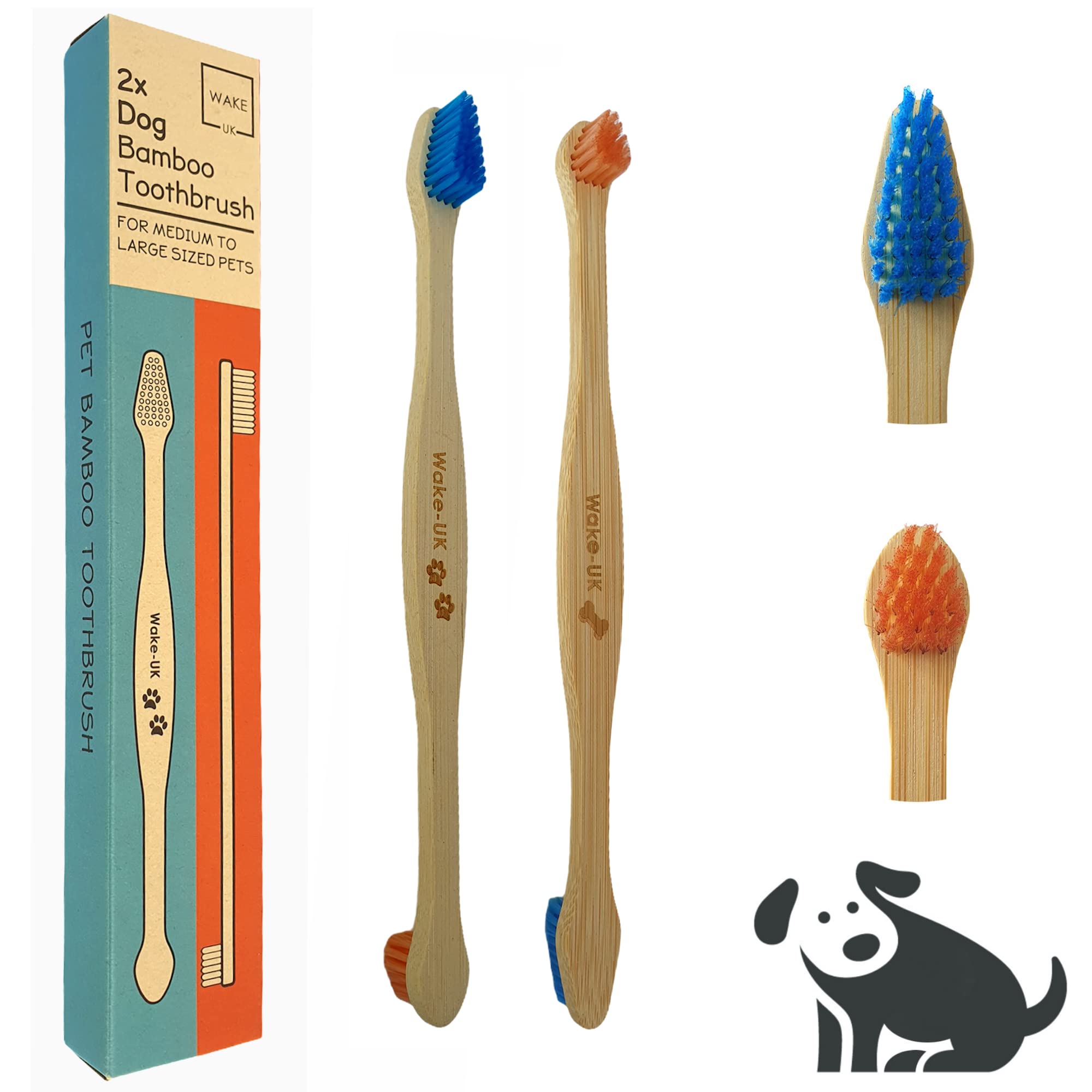 Pet Bamboo Toothbrush for Dogs, Medium to Large Dog, Pack of 2 Double Head Design, Soft Teeth Cleaning Products, Organic Dental Care, Remove Plaque, Dog Breath Freshener, Eco Friendly
