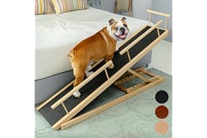 Dog ramp for Bed - PRIORPET Birchwood Adjustable Ramp for Dogs to Get on Bed: Dog ramps for High Beds up to 37 Inches – Foldable Ramp, Anti-Slip Grip & Safety Rails, Small Dogs Up to 120lbs – Natural