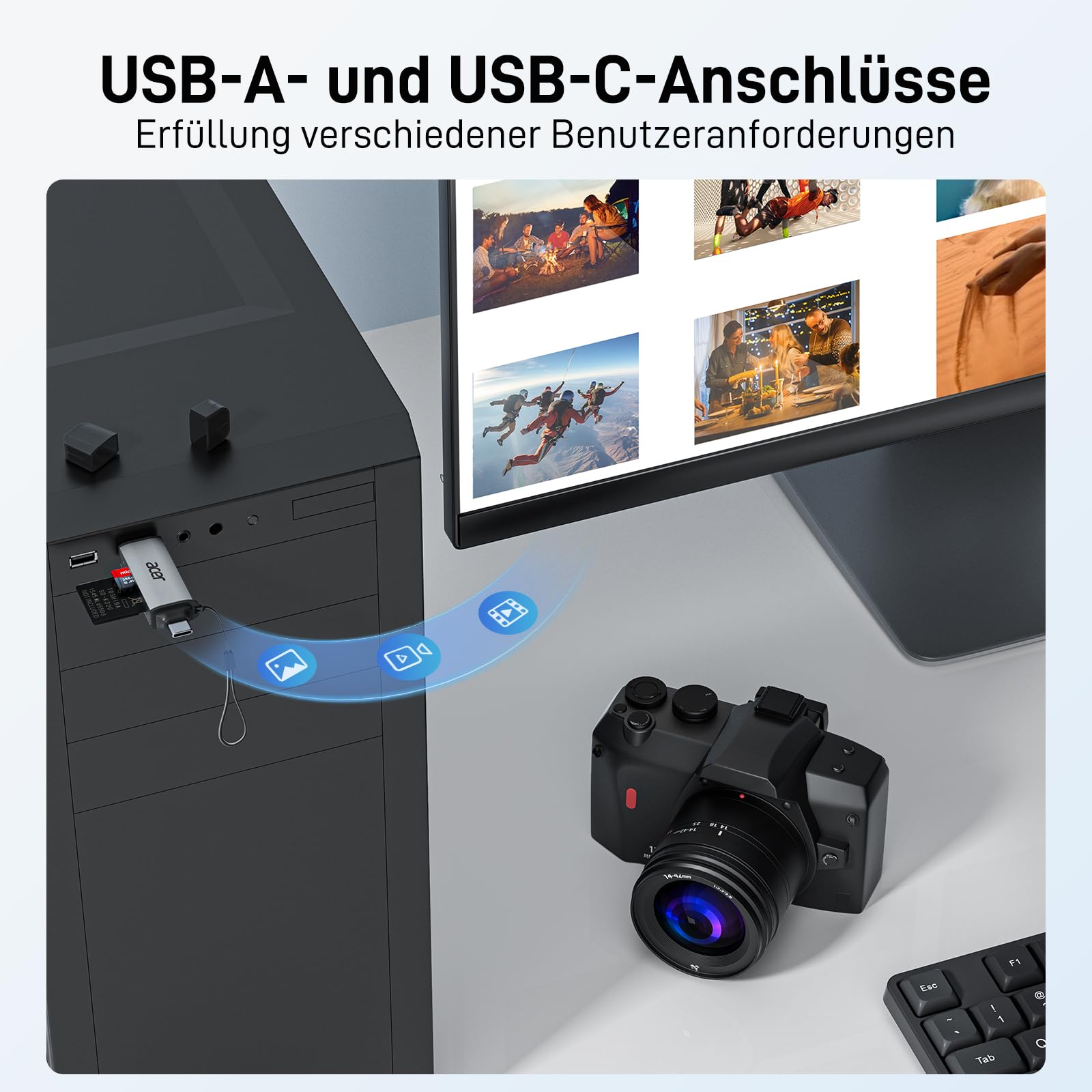 acer SD Kartenleser, Dual USB 3.0 USB C Stecker Kartenlesegerät, Aluminium OTG Adapter SD Card Reader Speicherkartenleser für SD/Micro SD/TF/SDHC/SDXC, iPhone 17 16 15 Serie, Android/Windows/macOS. 5