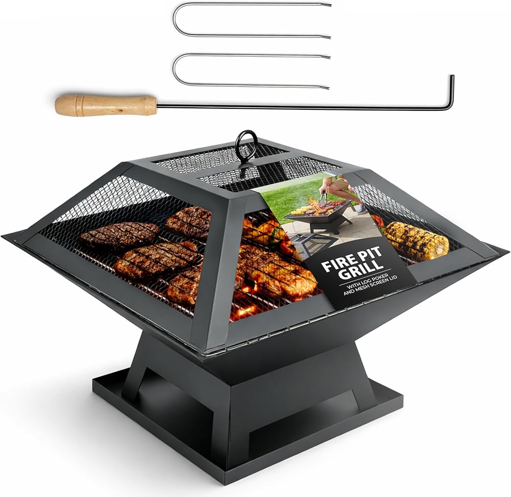 ZENO Square Fire Pit 3 in 1 BBQ Grill Patio Heater Mesh Lid Log Poker