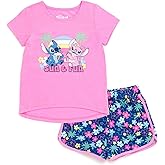 Disney Lilo & Stitch Big Girls T-Shirt and French Terry Dolphin Shorts Outfit Set Pink/Navy Stitch Angel 10-12