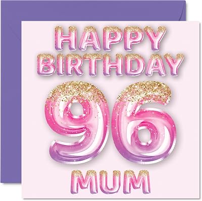 Stuff4 96th Birthday Card Mum Pink Purple Glitter Balloons 145mm