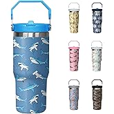 30oz Shark Tumbler with Handle and Flip Straw, Stainless Steel Insulated Cup, Travel Coffee Mug Water Bottle, Birthday Mothers Day Chritmas Gifts for Women Animal Lovers
