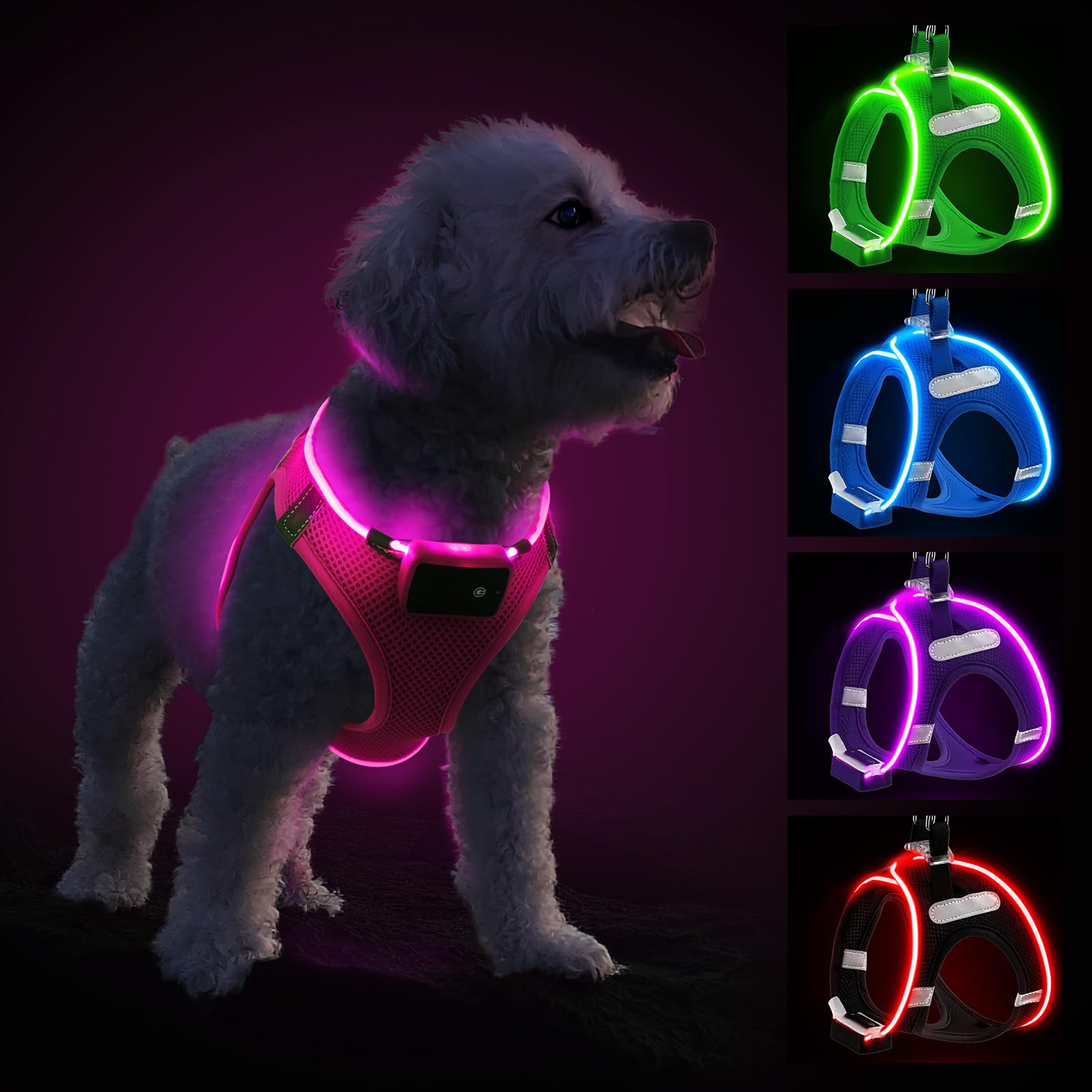 Light Up Dog Harness with Rechargeable LED - Waterproof Reflective Dog Harness Glow in the Dark - Flashing Harness for Puppy Small Medium Dogs Walking in Light, Pink-XS — image 1