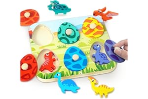 CHESLICR Christmas Stocking Stuffers Dinosaur Wooden Puzzles for Toddlers 1-3 Year Old, Matching Eggs Peg Puzzle Birthday Gifts for Babies Fine Motor Skills Montessori Toys for Toddler Age 2-4 Boys Girls