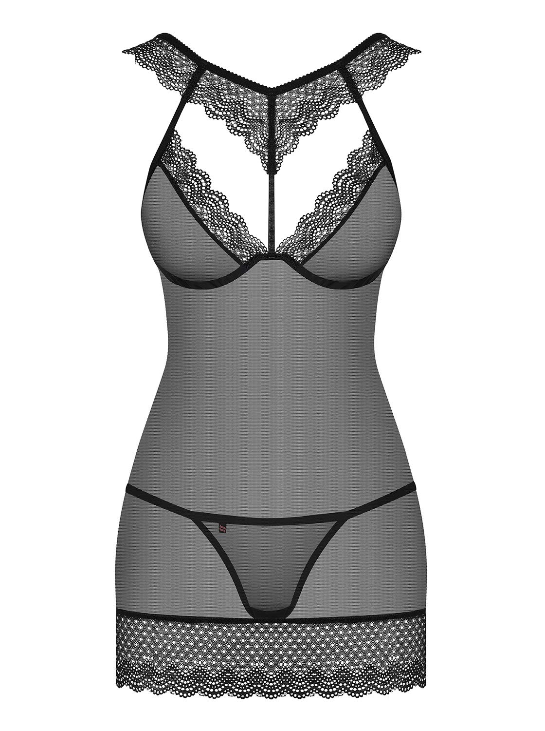 Obsessive Seductive Women's Lingerie Set with Elegant Babydoll with Lace and Thong in Pretty Gift Box, Black lace collar, S-M