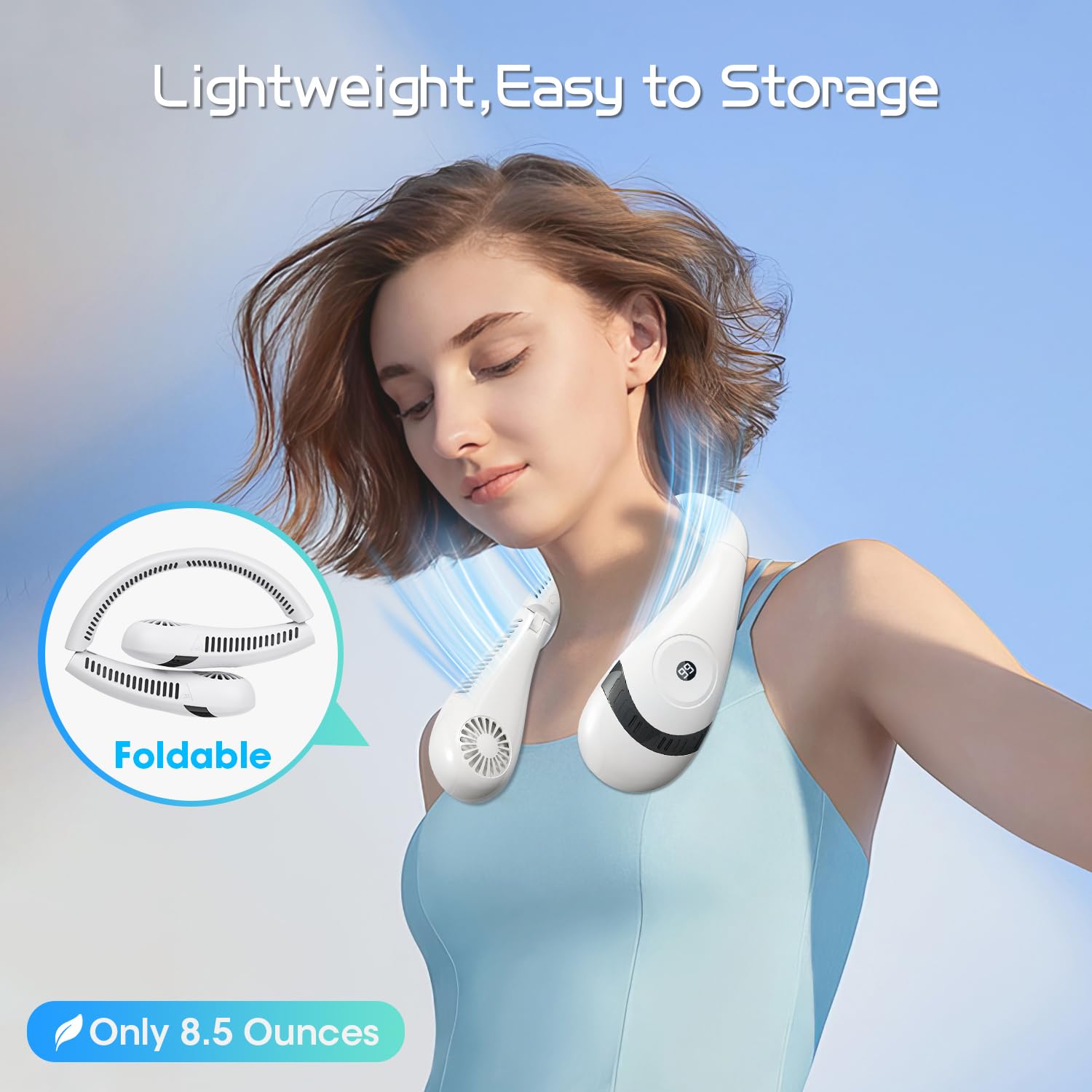 OLV Neck Fan 5000mAh Rechargeable Battery Portable Fan 360° Bladeless Cooling 3 Speeds Powerful Airflow Personal Foldable Neck Fan Gifts for Men Women Home Office,Travel,Sports,Golf,Camping White