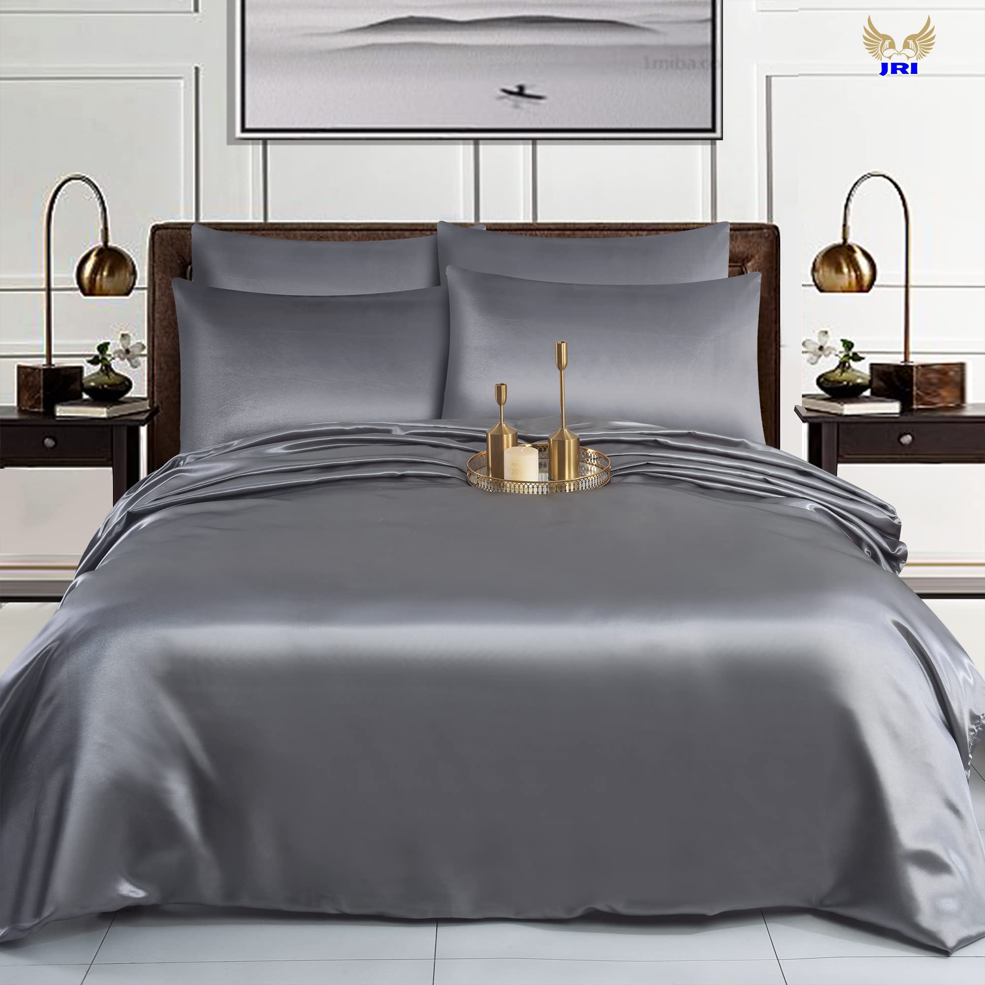 6PCS Satin Duvet Cover Bedding Set Plain Luxury Soft Bed Set Include (1xDuvet Cover, 1xFitted Sheet, 4xHousewife Pillow Case) (King, Silver)-(Same Day Dispatch) — image 1
