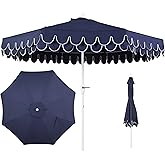 JONATHAN Y UMB1002G Tracy 9 ft. Classic MidCentury Scalloped Fringe Market Patio Umbrella with Auto-Tilt Crank, Wind Vent and UV Protection in Navy/White, White Pole