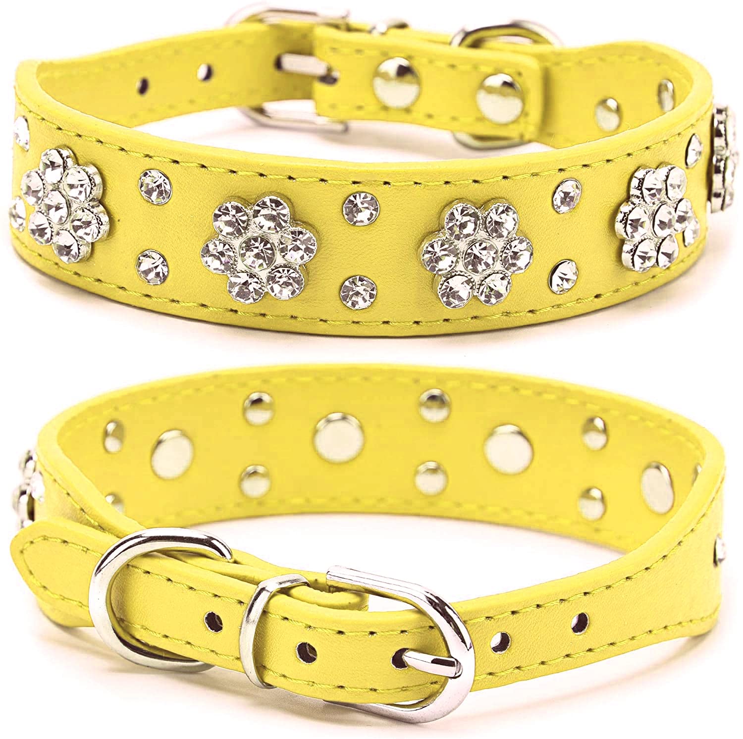 haoyueer Rhinestone Dog Collar, Cute Flower Rhinestone Cat Dog Collar Bling Collar PU Leather Collar Adjustable Sizes Small Medium Large (M, Yellow)